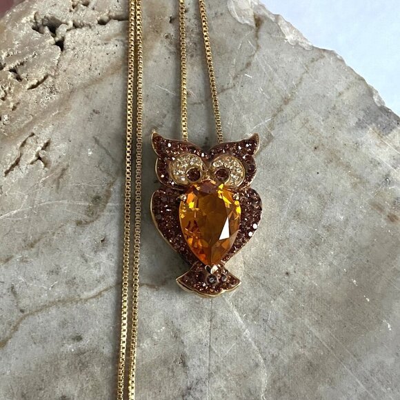Gold Vermeil Sterling Silver 925 Brown Orange Rhinestone Owl Pendant Necklace - Picture 7 of 16